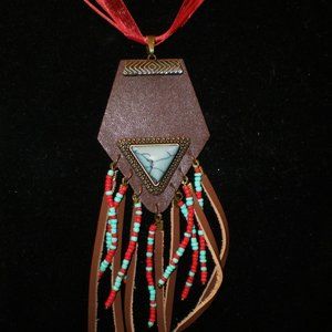 Unique Southwestern Leather Beaded Pendant Necklace Turquoise & Red